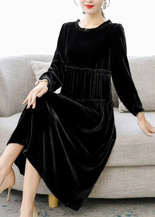 Elegant Wear Black Patchwork Wrinkled Velour Dresses Spring