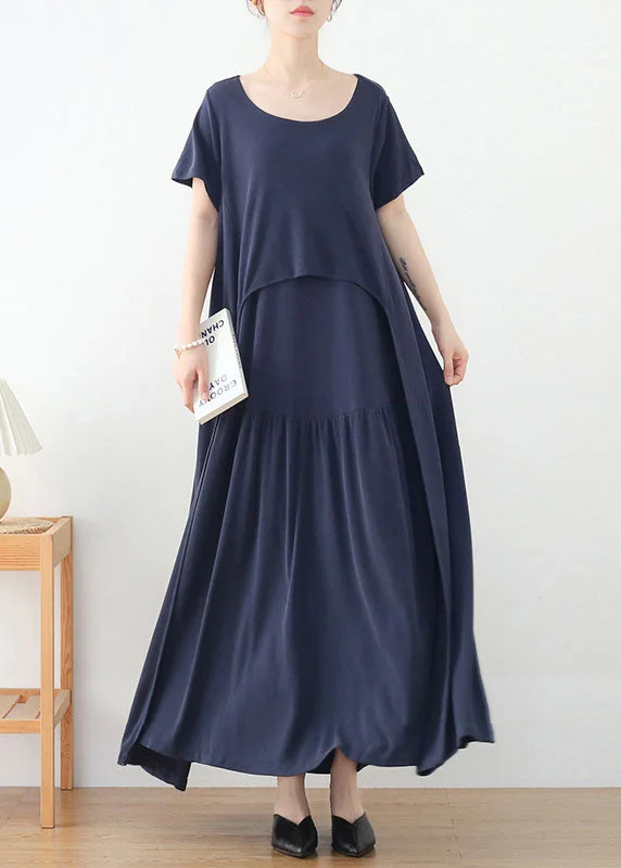 Luxury Style Blue Baggy Beach Dresses Solid Asymmetrical Design Short Sleeve