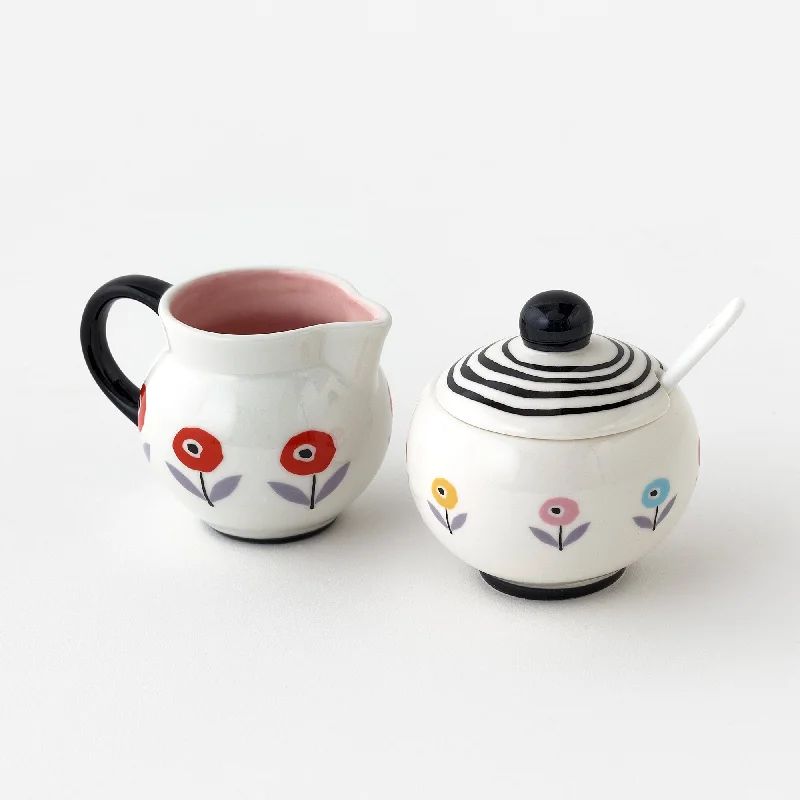 Romantic Temperament Mod Poppies Creamer & Sugar Bowl w/Spoon