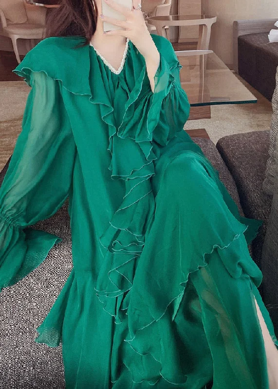 Casual Street Bohemian Green V Neck Print Nail bead Wrinkled Silk Maxi Dresses Lantern Sleeve