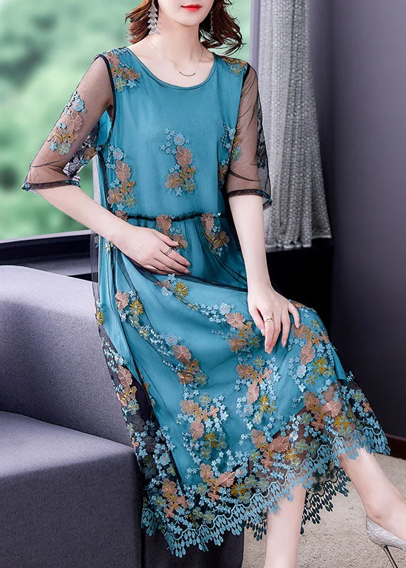 Exquisite Craftsmanship Beautiful Blue Embroidered Tulle Patchwork Silk Long Dresses Half Sleeve