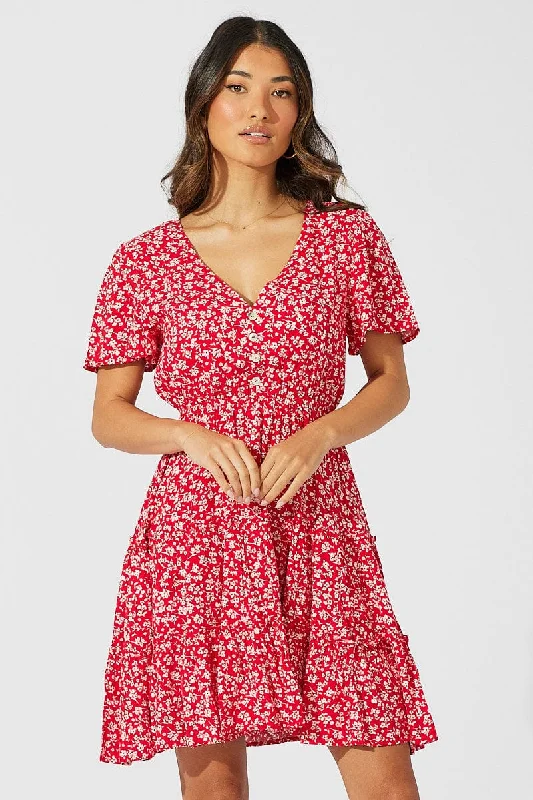 Elegant And Lazy Red Ditsy Fit And Flare Dress V-neck Mini
