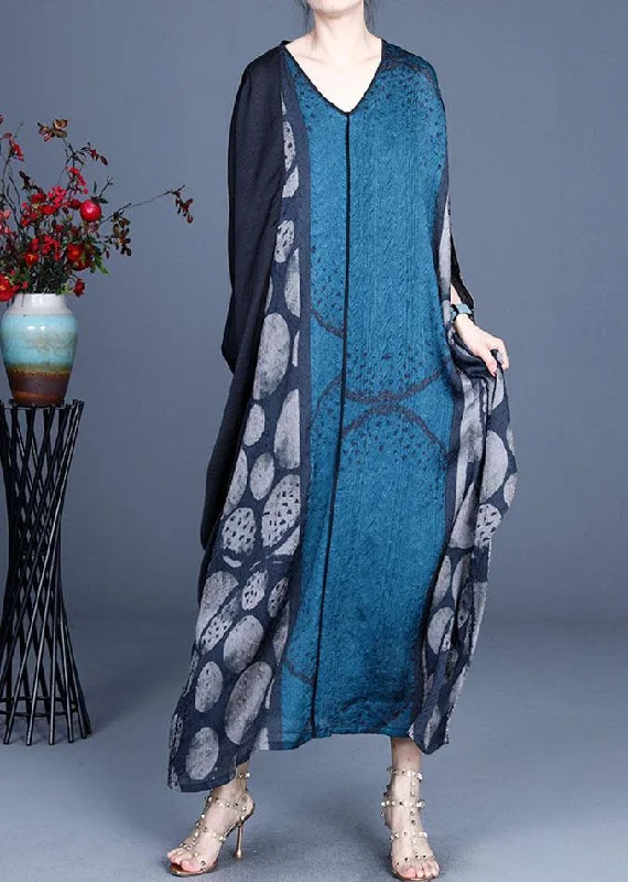 Eye-catching Personality Blue Retro V Neck Patchwork Summer Robe Dresses Bat wing Sleeve