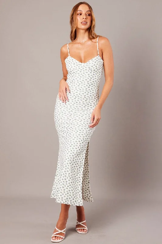 Fashion Pioneer White Ditsy Maxi Dress Sweetheart Neck Bodycon Textured
