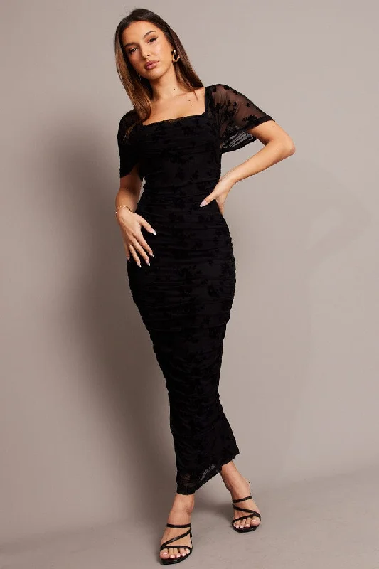 Unique prints Black Bodycon Dress Mesh Burnout