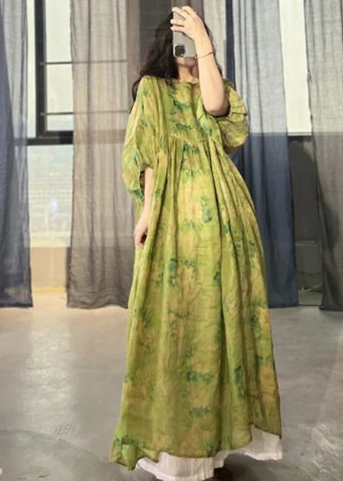 Trendy Casuals Art Green Oversized Patchwork Print Linen Long Dresses Summer