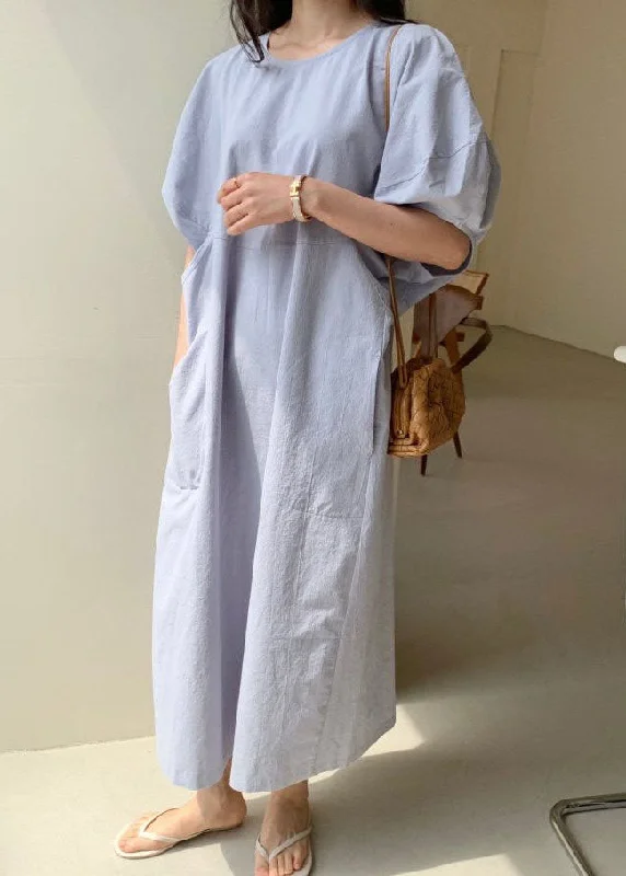 Sports Design Blue Pockets Cotton Robe Dresses Short Sleeve
