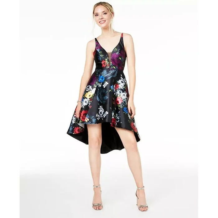Simple Design Sequin Hearts Women's Floral Print High/Low Mikado Cocktail Dress Black Red Size 1 Simple Design Sequin Hearts Women's Floral Print High/Low Mikado Cocktail Dress Black Red Size 1