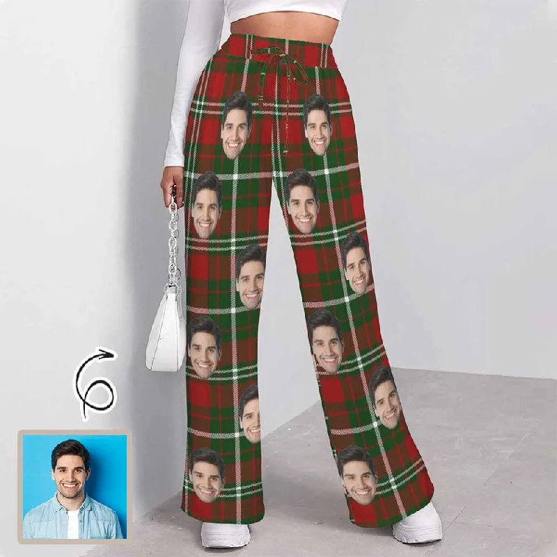 Celebrity Must-have Custom Face Grid Pattern Women's Drawstring Wide Leg Sweatpants