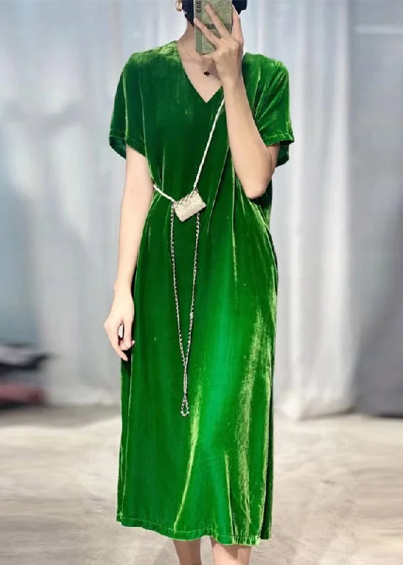 Youthful Bohemian Black Green V Neck Silk Velour Long Dresses Short Sleeve