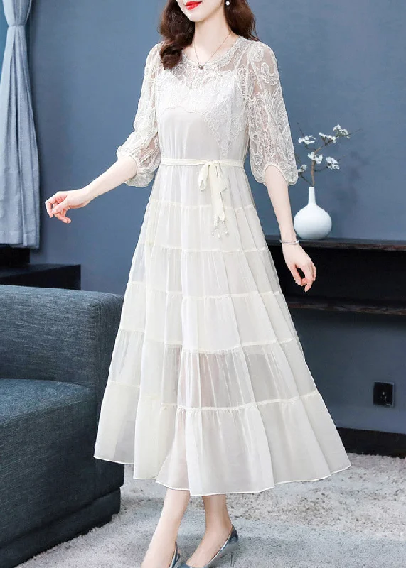 Urban Style Beige Embroideried Tie Waist Silk Long Dresses Long Sleeve