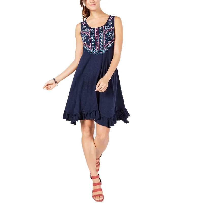 Energy Wear Style & Co Women's Petite Cotton Embroidered Ruffle-Hem Dress Navy Size Small Energy Wear Style & Co Women's Petite Cotton Embroidered Ruffle-Hem Dress Navy Size Small