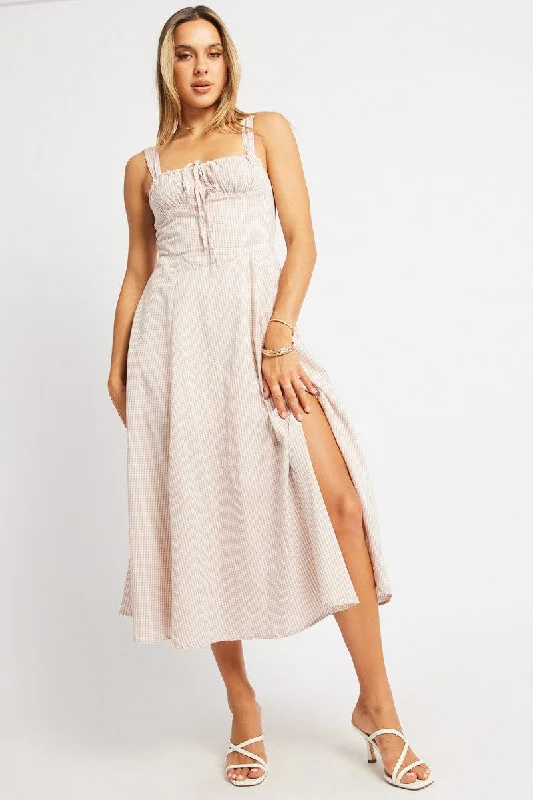 Elegant Design Beige Check Midi Dress Gathered Bust