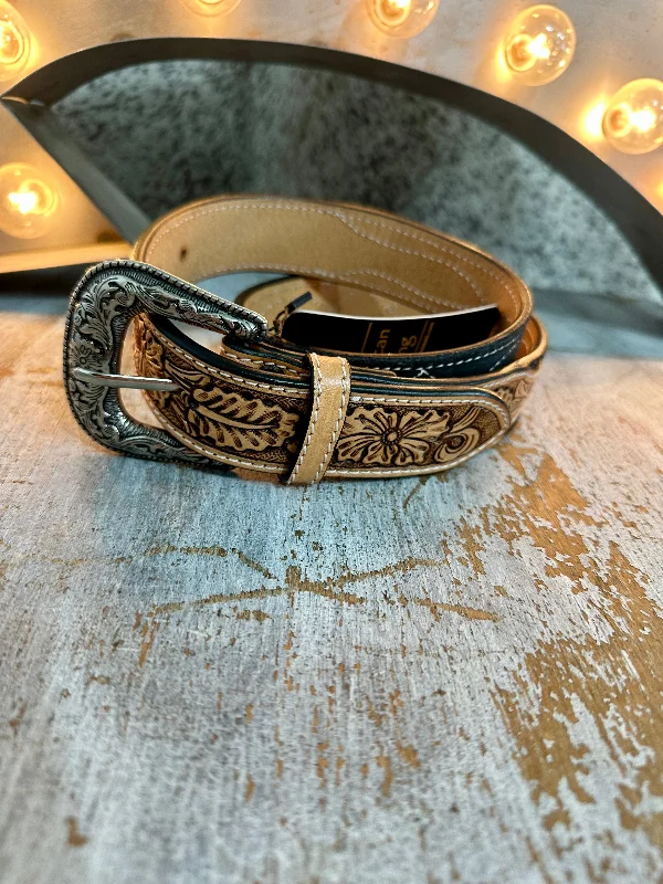 Exquisite Craftsmanship Black / Brown Tooled Leather Belt