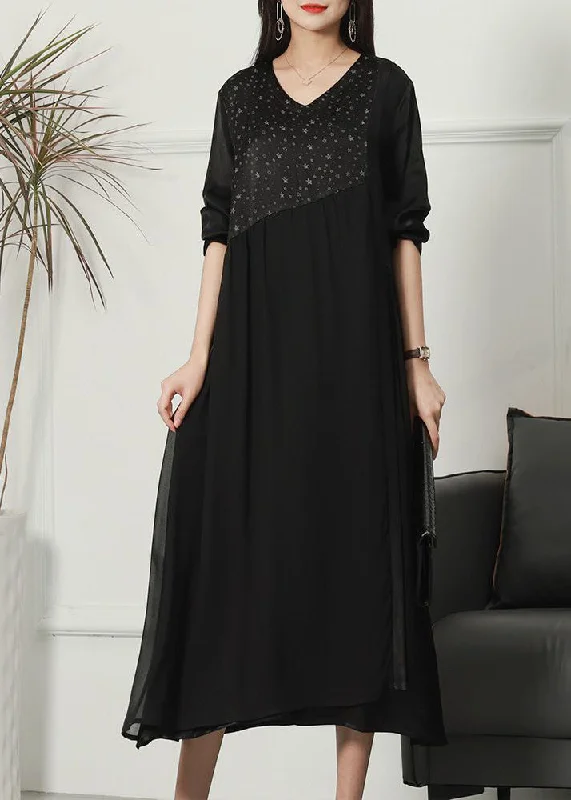 Simple Matching Black Patchwork Print Silk Dresses V Neck Wrinkled Spring