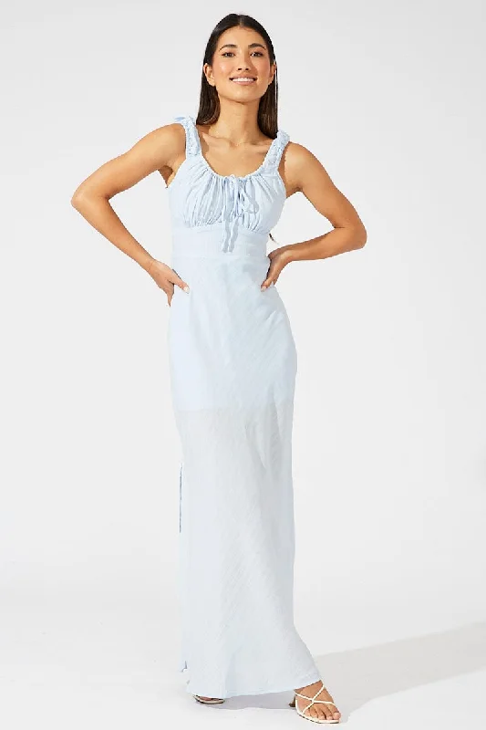 Urban Design Sense Blue Maxi Dress Short Sleeve Ruched Bust
