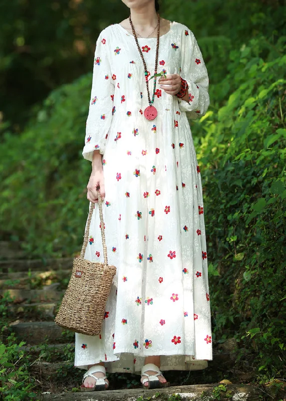 Sports Jumpsuit Bohemian White Cinched Embroidery High-waisted Long Dresses Long Sleeve