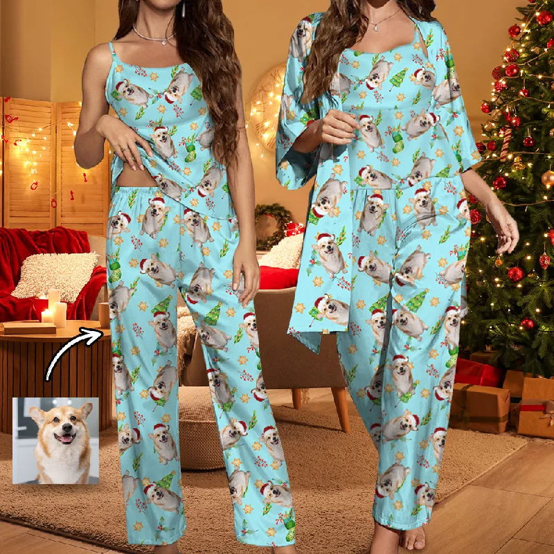 Romantic Data Custom Pet Photo Satin Women's Three-Piece Pocket Cami Pajama Robe Set Romantic Data Custom Pet Photo Satin Women's Three-Piece Pocket Cami Pajama Robe Set