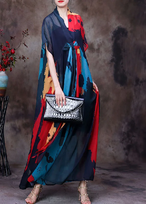 Elegant Tailoring Bohemian Blue V Neck Print Chiffon Beach Dresses Short Sleeve