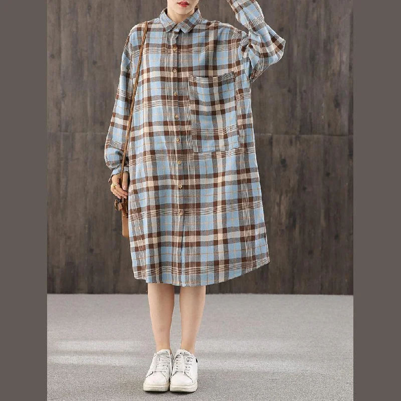 Cozy Vibes Beautiful blue plaid clothes For Women lapel Button Down shift Dresses