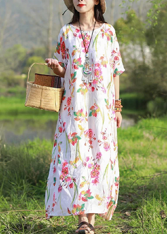 Sports outdoor style Bohemian White O-Neck Floral Print Beach Dresses Short Sleeve Sports outdoor style Bohemian White O-Neck Floral Print Beach Dresses Short Sleeve