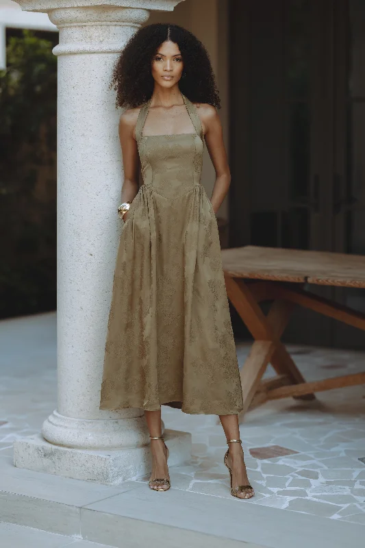 Fresh And Elegant KATARINA DRESS - OLIVE/JACQUARD