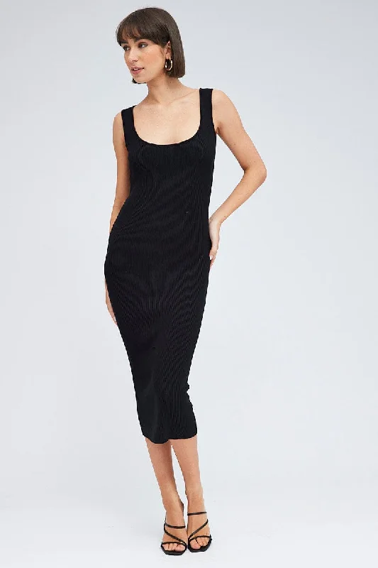 Lazy Style Black Knit Midi Dress Square Neck Sleeveless