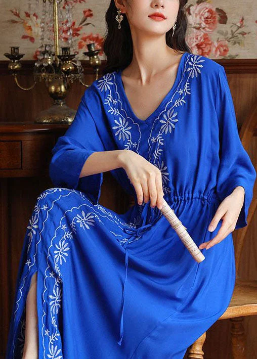 Stunning Fashion Bohemian Blue V Neck Embroideried Side Open Cotton Cinced Dresses Summer