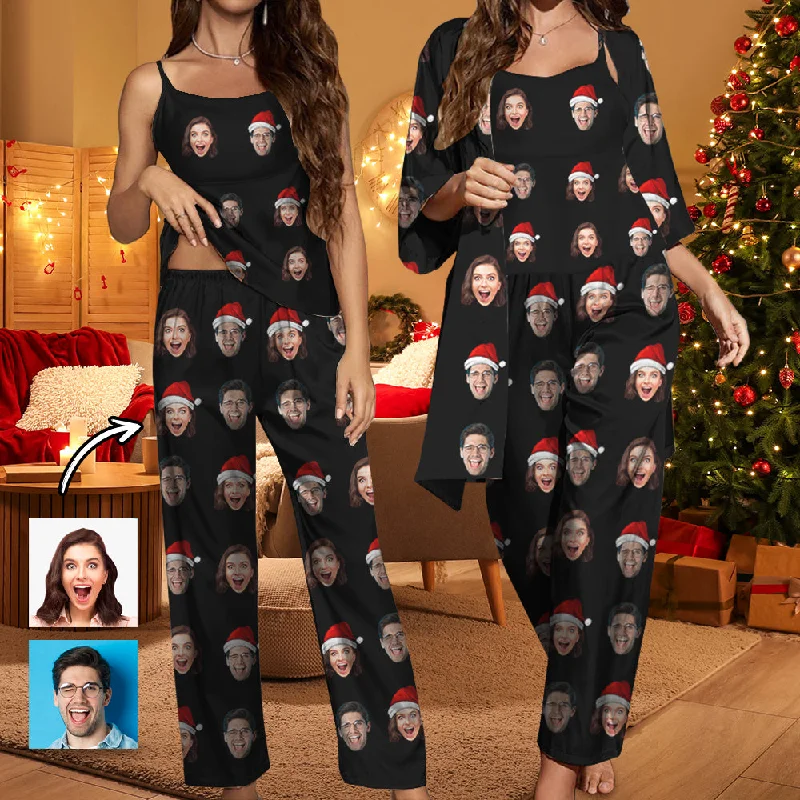 Minimal Comfort Custom Face Santa Hat Satin Women's Three-Piece Pocket Cami Pajama Robe Set for Weddings Parties Outings and Home Minimal Comfort Custom Face Santa Hat Satin Women's Three-Piece Pocket Cami Pajama Robe Set for Weddings Parties Outings and Home