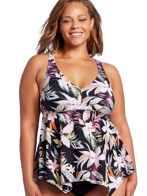 Body Design Women's V-Neck Strappy Back Floral Tankini Top,Black