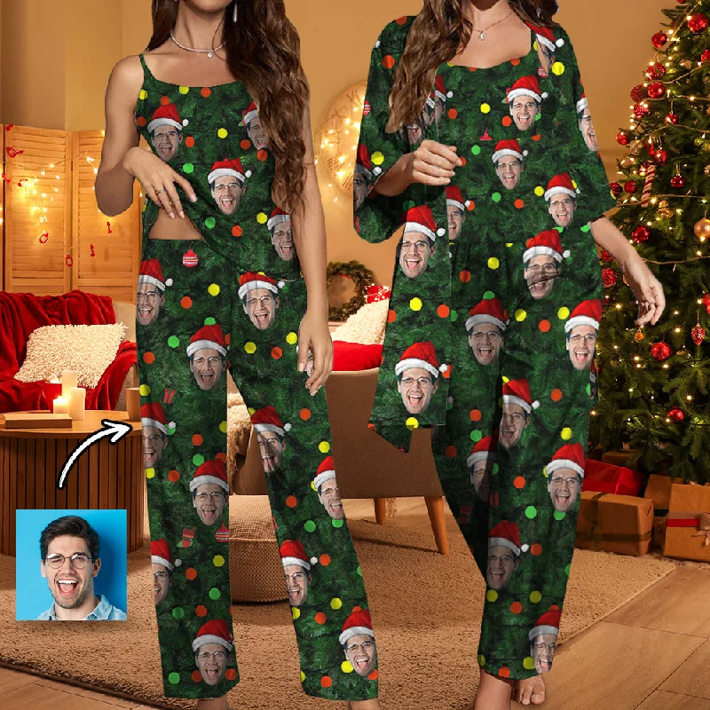 Sports Series Custom Face Christmas Tree Satin Women's Three-Piece Pocket Cami Pajama Robe Set