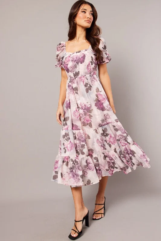 Carefree Style Pink Floral Maxi Dress Puff Sleeve