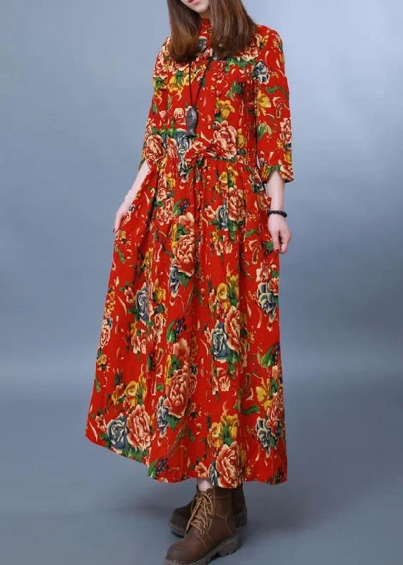 Luxury Customization Beautiful Stand Collar Half Sleeve Spring Wardrobes Fashion Ideas Red peony Dresses