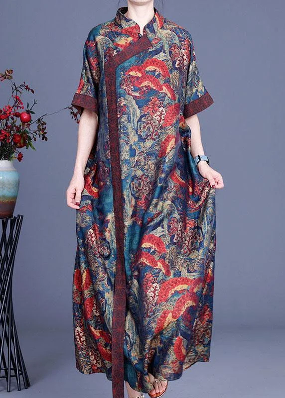 Double-sided Wear Bohemian Blue Print Silk Robe Dresses Spring