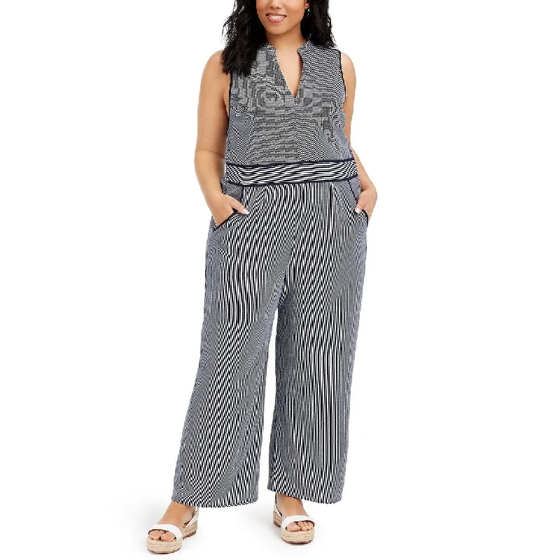 Exquisite Embroidery Monteau Women's Trendy Plus Size Striped Keyhole Jumpsuit Navy Size 2X Exquisite Embroidery Monteau Women's Trendy Plus Size Striped Keyhole Jumpsuit Navy Size 2X