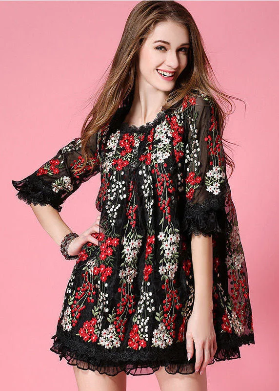 Elegant Design Black Organza Mini Dresses Embroideried Ruffled Spring