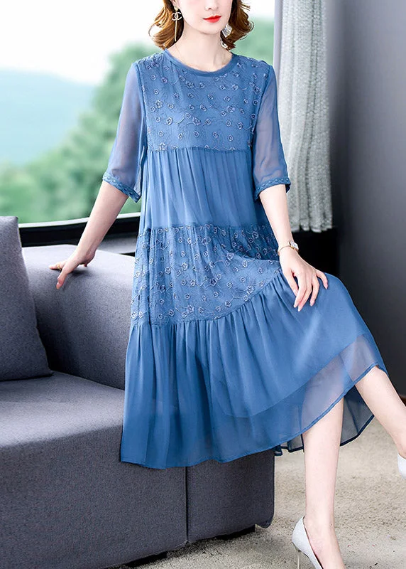 Preview New Products Beautiful Blue O-Neck Embroidered Patchwork Wrinkled Silk Long Dresses Half Sleeve Preview New Products Beautiful Blue O-Neck Embroidered Patchwork Wrinkled Silk Long Dresses Half Sleeve