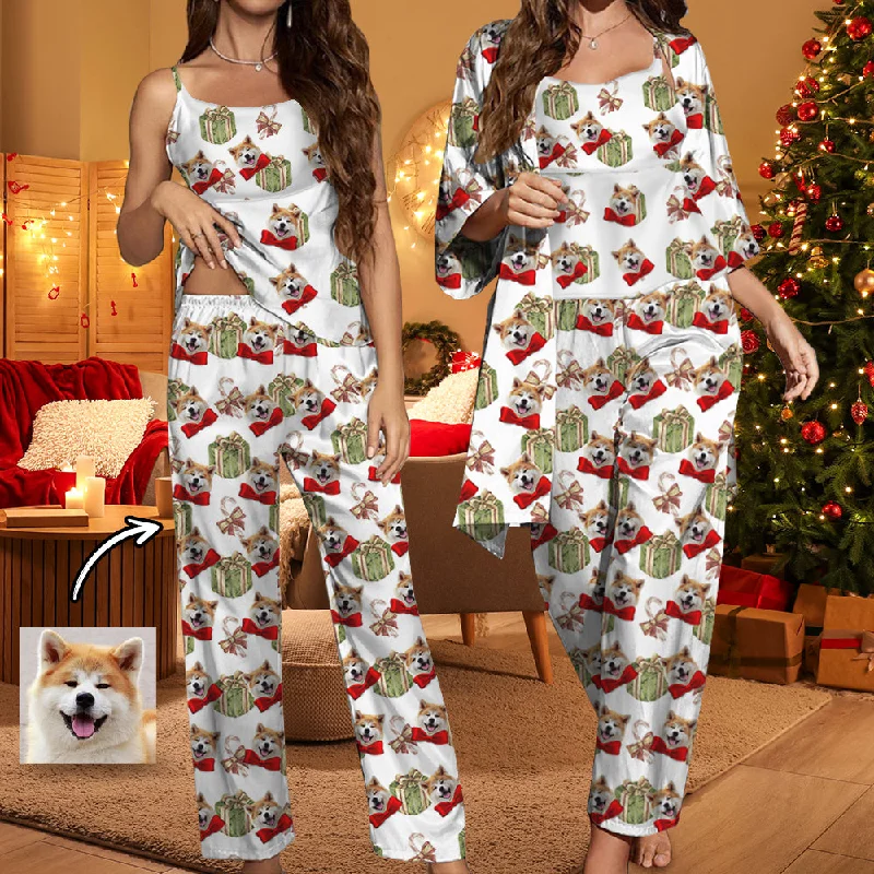 Minimal Style Custom Pet Christmas Gift Satin Women's Three-Piece Pocket Cami Pajama Robe Set Minimal Style Custom Pet Christmas Gift Satin Women's Three-Piece Pocket Cami Pajama Robe Set