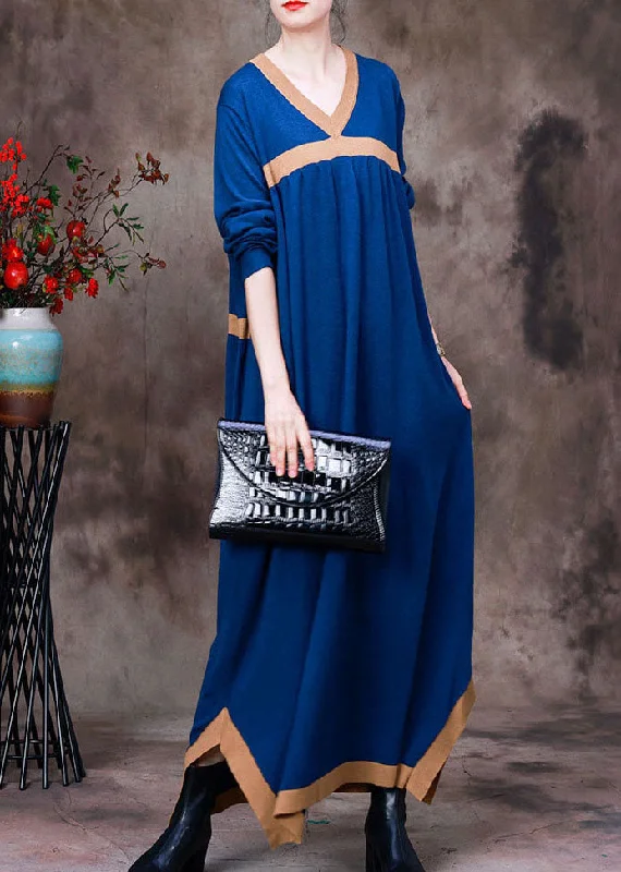 Simple Style Blue Patchwork Knit Vacation Dresses Asymmetrical Long Sleeve