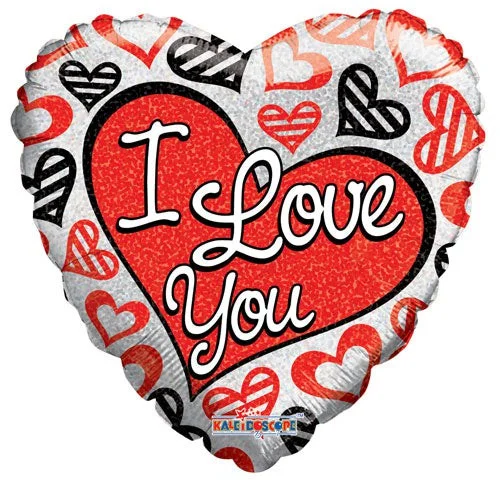 Fashion Elements 18 inch I LOVE YOU RED & BLACK HEARTS HOLOGRAPHIC HEART