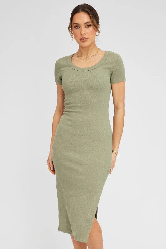 Minimal Classic Green Midi Dress Short Sleeve Rib