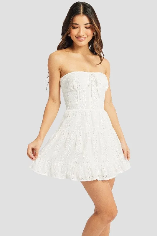 Celebrity Must-have White Strapless Mini Dress Eyelet Fabric