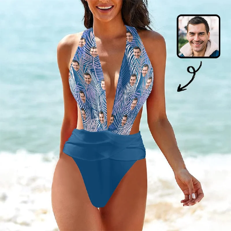 Boutique Recommendation Custom Face Leaves Blue Women's Deep V-Neck Low Back Crossover One Piece Swimsuit Custom Picture Bathing Suit Boutique Recommendation Custom Face Leaves Blue Women's Deep V-Neck Low Back Crossover One Piece Swimsuit Custom Picture Bathing Suit