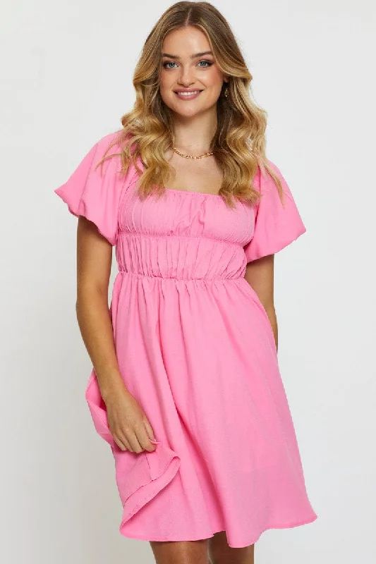Youthful Street Fashion Pink Mini Dress Short Sleeve