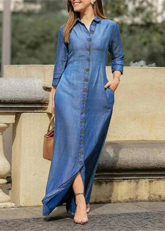 Exquisite Details Beautiful Blue Peter Pan Collar Oversized Denim Maxi Dresses Spring Exquisite Details Beautiful Blue Peter Pan Collar Oversized Denim Maxi Dresses Spring