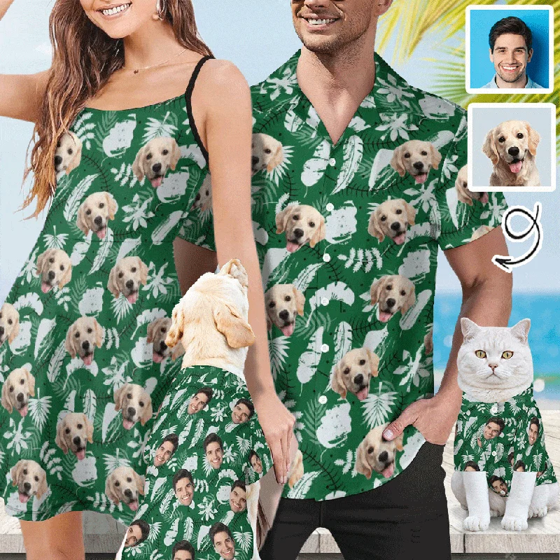 Noble And Elegant Custom Face Green Feather Matching Pet and Owner Hawaiian Shirts Custom Pet Shirt Gift Noble And Elegant Custom Face Green Feather Matching Pet and Owner Hawaiian Shirts Custom Pet Shirt Gift