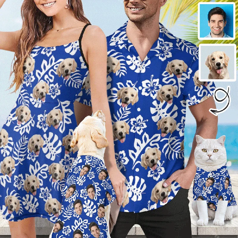 High-end Design Custom Face Blue Leaves Matching Pet and Owner Hawaiian Shirts Custom Pet Shirt Gift