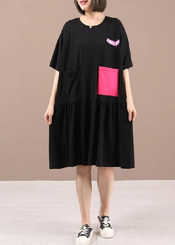 Classic Style Black Cotton Patchwork Graphic Summer Dresses Half Sleeve
