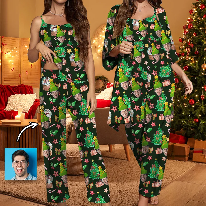 Classic Color Custom Face Christmas Gift Green Satin Women's Three-Piece Pocket Cami Pajama Robe Set Classic Color Custom Face Christmas Gift Green Satin Women's Three-Piece Pocket Cami Pajama Robe Set