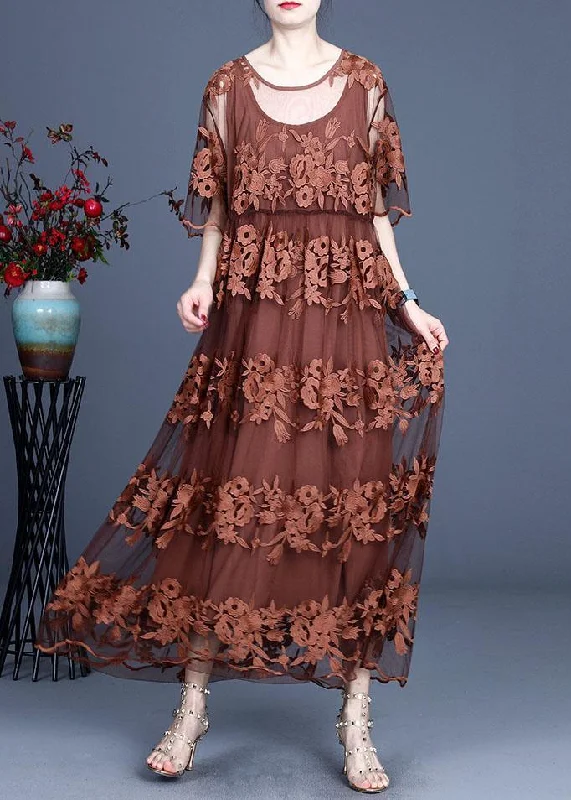 Casual And Comfortable Bohemian Chocolate Embroideried Summer Lace Summer Dresses Half Sleeve